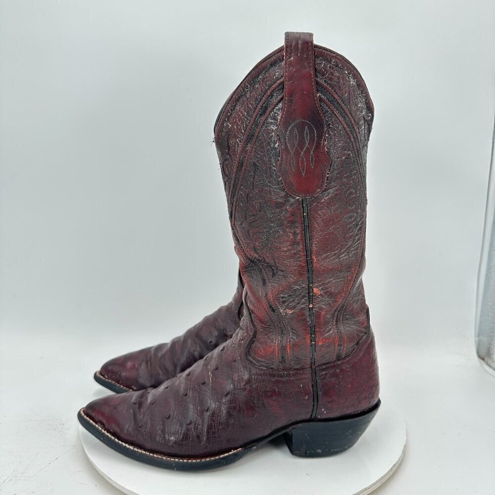 Tony Lama Men Size 7D Burgundy Full Quill Ostrich Leather Pull On Western Boot